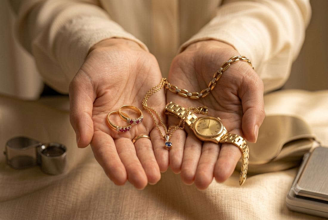 Schmuck verkaufen – Hände mit Goldschmuck bei Bijouterie Rhyhof