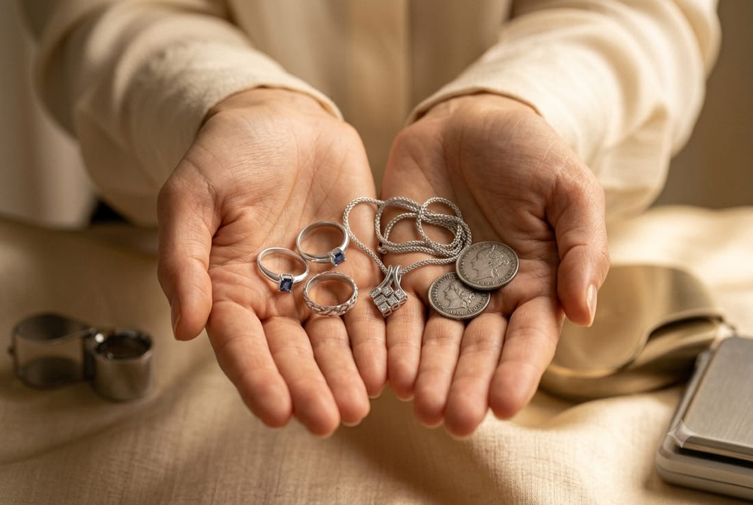 Silber verkaufen – Hände mit Silbermünzen bei Bijouterie Rhyhof