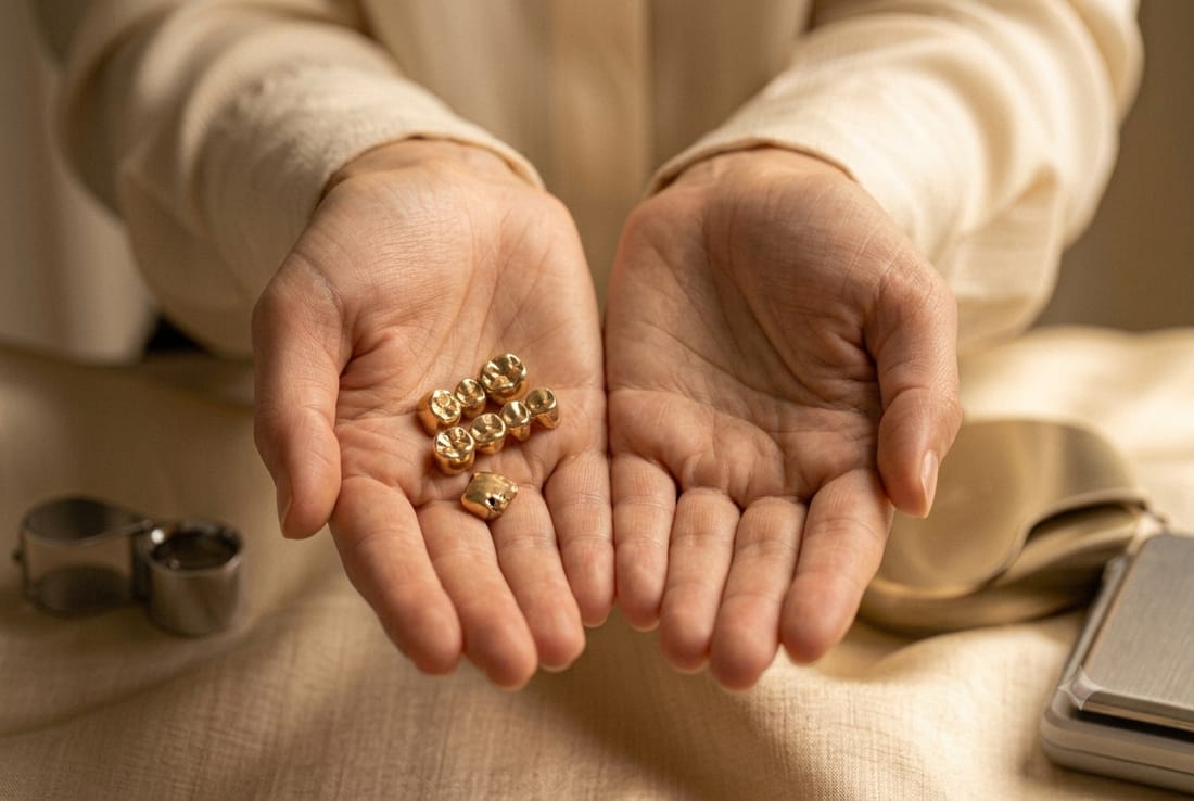 Zahngold verkaufen – Hand mit goldenen Zahnkronen bei Bijouterie Rhyhof